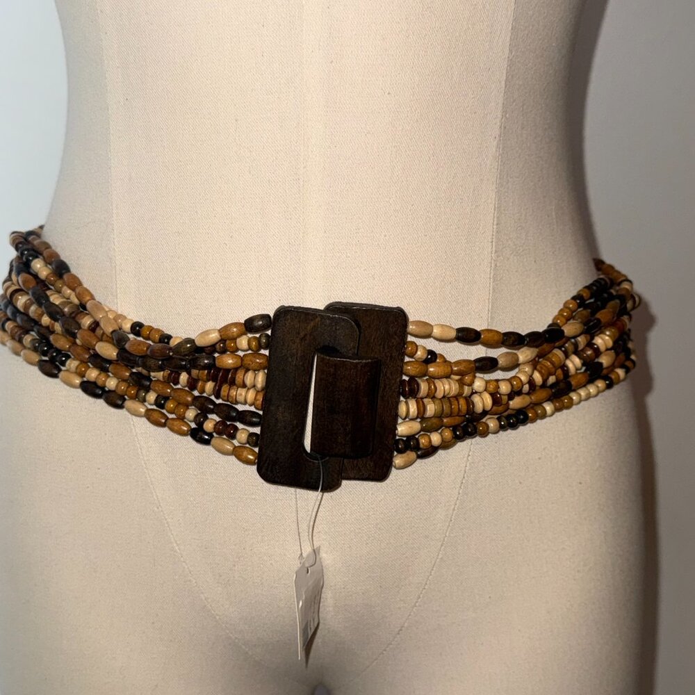 Vintage New With Tags Wood & Bead Fashion Belt, Stretchy Natural BOHO Design